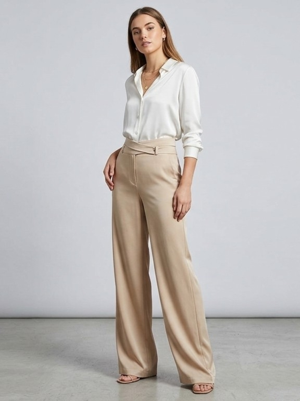 Ann Taylor Wide-Leg High-Waist Satin  Pants in Light Beige